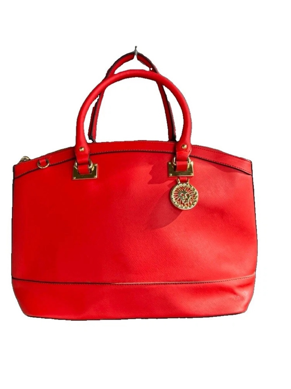 Anne Klein New Recruits Dome Satchel Red Faux Leather Handbag Lion Charm Purse